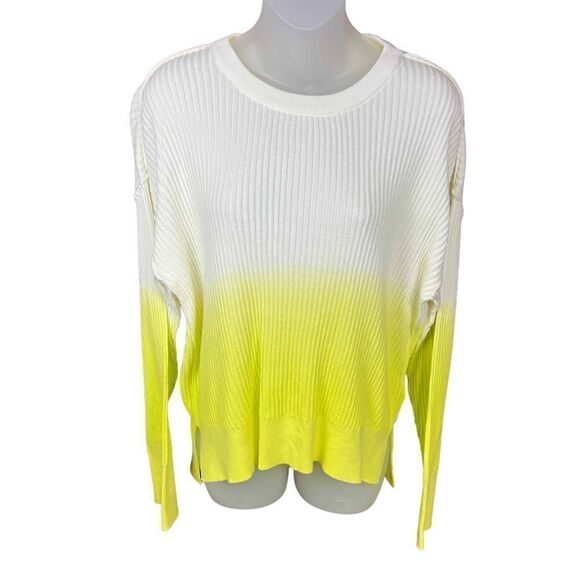 DKNY Ombre Sweater Crew Neck White Neon Yellow Green High Low Hem Large - Picture 3 of 14
